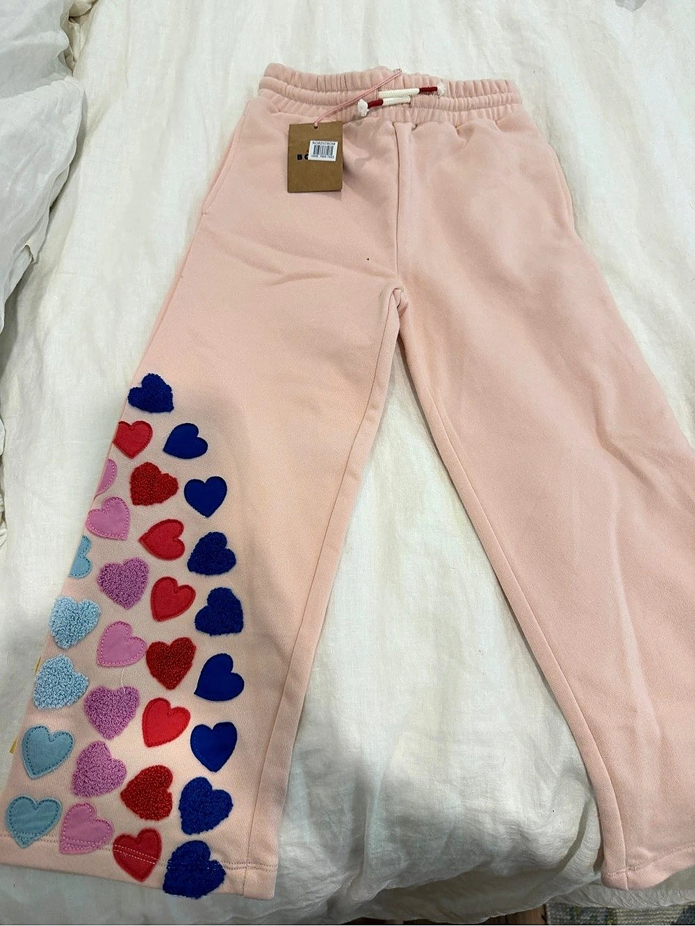 Mini Boden Heart Appliqué Sweatpants Girls' Pink & Blue 6-7Y
